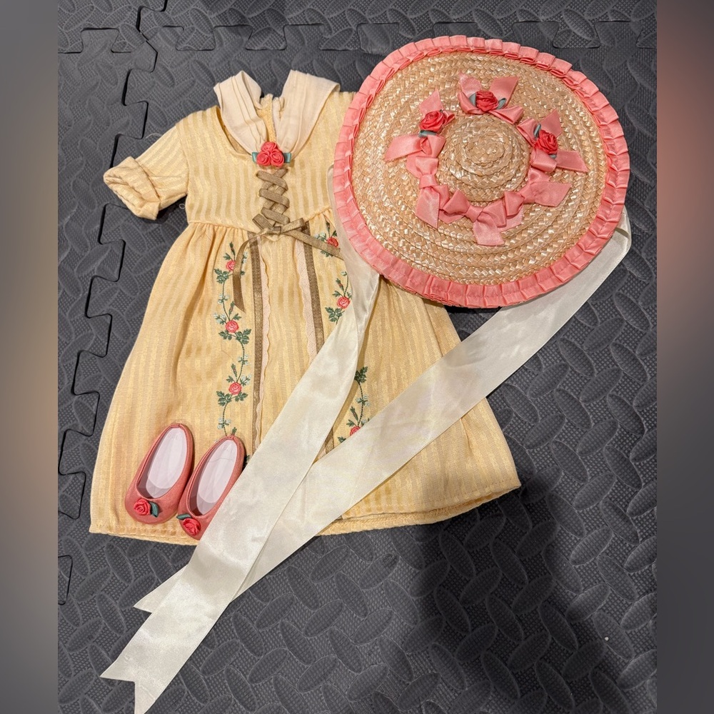 America Girl Felicity 18 inch doll Vintage Yellow Dress with Hat and Shoes